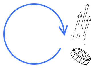Fototapeta premium Blue arrow in a circular motion next to a coin with upward arrows. Ideal for investment, growth, sustainability, profit, business, economy, finance. A simple flat metaphor