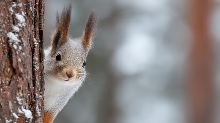 Curious squirrel sitting on tree trunk in snowy winter forest, small wild animal with fluffy tail searching for food in cold nature, wildlife rodent in white woodland, natural outdoor habitat concept