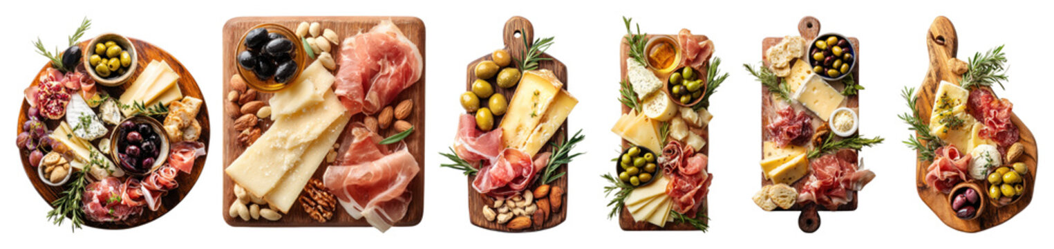 PNG Gourmet charcuterie boards assortment, element set on transparent background