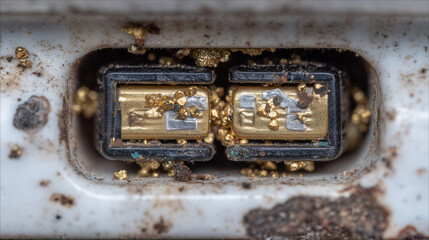 High-magnification close-up of tarnished gold connector pins within a chrome housing, fine details of corrosion, scratches, and dust particles in shallow focus
