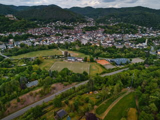 Aerial View of Lush Valley and Town