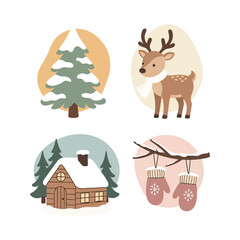 Winter themed illustration with a tree, deer, house and mittens.