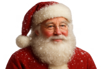 Santa claus portrait smiling wearing red hat and glasses, snowing effect with transparent background, celebrating christmas holiday