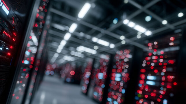High-impact cinematic shot of critical system failure in a data center, red alarm lights flashing across glossy black server panels and tangled network cables