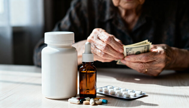 Elderly person counting money near medication bottles and pills on a table, highlighting healthcare and financial concerns.