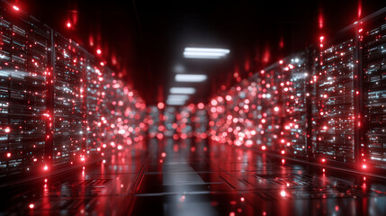 Obraz premium High-tech emergency atmosphere inside a data center, red strobing lights casting harsh shadows on glossy server faces and fiber connections