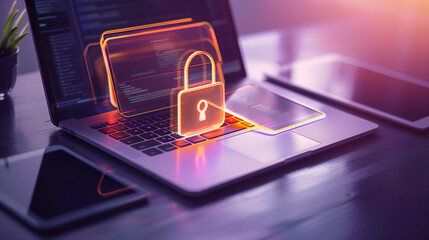 Segurança digital e conformidade: notebook e tablet com pasta luminosa e cadeado, backup na nuvem e controle de acesso. Visual moderno, reflexos delicados e grande espaço negativo