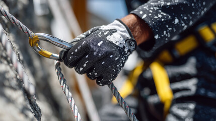Extreme detail of a rugged glove gripping a metallic carabiner, rope tension visible as the climber secures the lock against textured stone