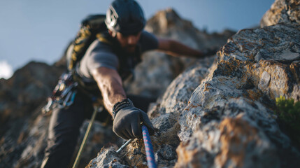 Action-focused close-up of a mountaineerâs hand locking a carabiner to a rock anchor, bright blue rope in tension under the warm glow of sunlight