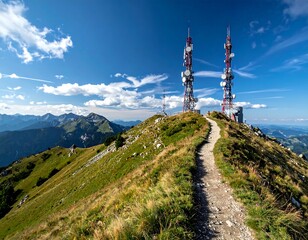 Obraz premium Mountain summit scene with communication towers and a walking path