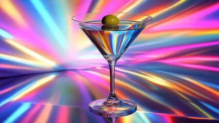 Colorful lights shine behind a classic martini glass with an olive, showcasing a vibrant atmosphere and refreshing drink appeal - Powered by Adobe
