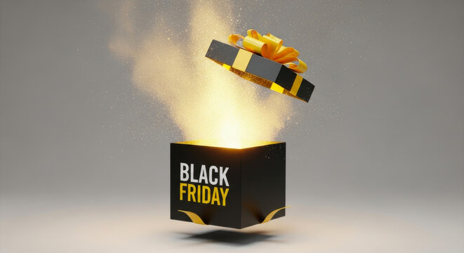 Black friday gift box exploding with golden light and smoke revealing a surprise present