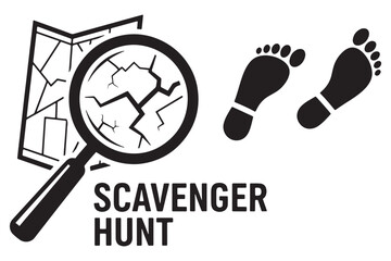Embark on a thrilling scavenger hunt adventure with a magnifying glass, map, and footprints, isolated on white background, promising excitement and discovery