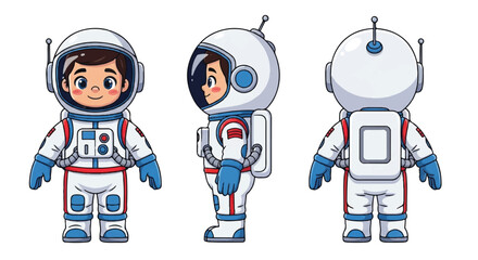 Three cartoon astronaut characters in white and red space suits with blue accents on a clean white background.