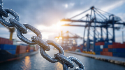 Close-up of a massive steel chain lying across the dock, its weathered metal links glinting in sunlight, blurred background of vibrant shipping containers and towering cranes