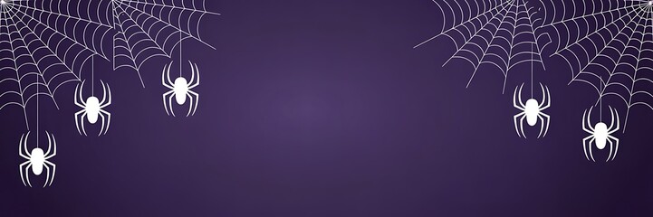 Obraz premium Spooky halloween spiderwebs and hanging spiders on purple background