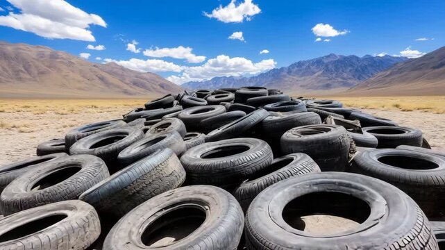 Exploring a massive pile of discarded tires in a stunning desert landscape under clear blue skies