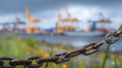Macro perspective highlighting texture of corroded chain links, blurred motion of cranes loading containers in the distance