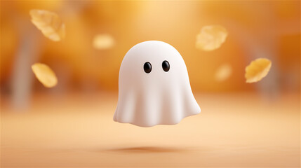 Fototapeta premium Cute ghost figure floating among autumn leaves on orange background, concept of Halloween, fun, and seasonal celebration.