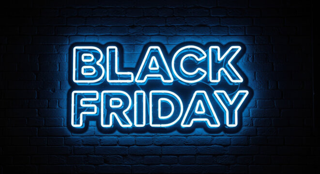 Bright blue neon sign illuminating the words black friday against a dark brick wall background