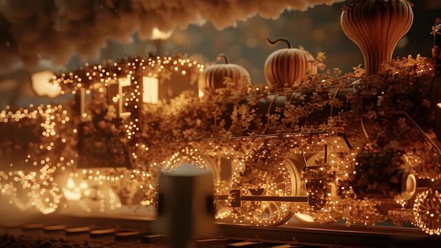 A Festive Halloween Train Illuminated with Twinkling Lights and Embellished with Pumpkins and Autumn Leaves Chugs Along a Mystical Railway Scene