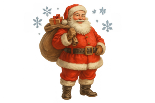 Santa claus carrying a sack full of gifts, bringing holiday cheer, vintage christmas illustration, transparent background