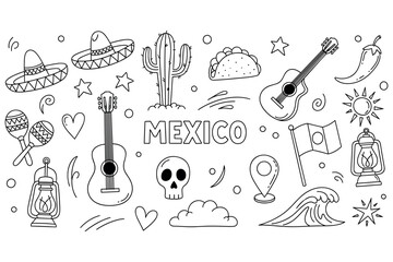 Mexican culture symbols: sombrero, cactus, taco, guitar, maracas, lantern, flag, sun