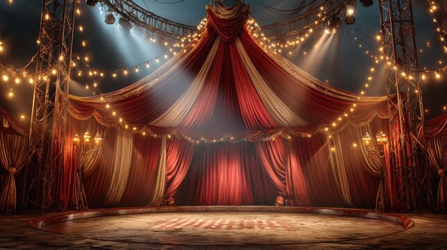 Empty circus ring stage with trusses, spotlights, fairy lights and red curtains, photorealistic design with dramatic and dynamic lighting, theatrical entertainment background concept