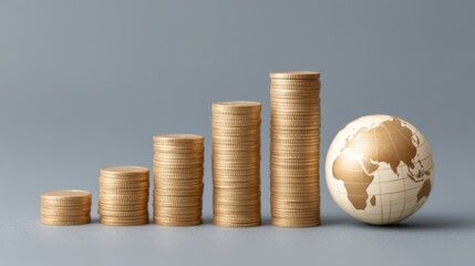 Financial Growth Concept with Stacked Coins and Globe on Grey Background, Symbolizing Investment and Global Economy Development