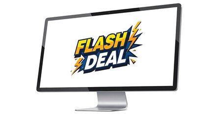 Computer monitor displaying flash deal text with lightning effects, isolated on transparent background cyber monday element