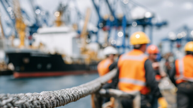 Maritime operation focus: a thick fuel hose linking a ship to dock facilities, workers in safety gear visible in bokeh, dynamic port atmosphere