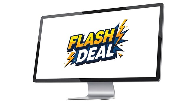 Computer monitor displaying flash deal text with lightning effects, isolated on transparent background cyber monday element - Powered by Adobe