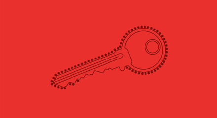 A red background with a line-art style key, keyhole, and dotted outlines