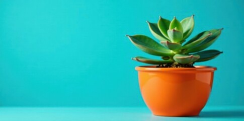 Succulent in vibrant orange pot, blue backdrop, minimal, simple, botany