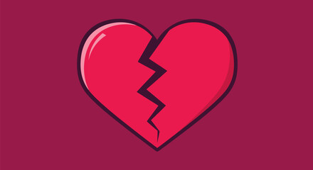 A cracked red heart with dark outline against a magenta background. The crack zigzags down