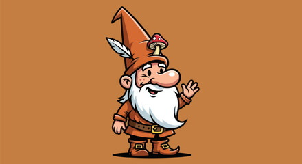 Cheerful cartoon gnome with a hat adorned with a mushroom and feather
