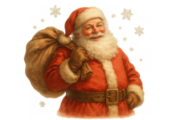Santa claus cheering holiday season, carrying sack of gifts for christmas celebration, transparent background