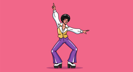 A cartoon figure in disco attire, striking a pose, set against a pink backdrop