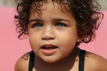 Close-up portrait of adorable curly-haired toddler with bright blue eyes smiling in sunlight against a pink background showing innocence.
