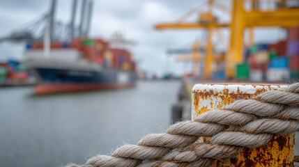 Fototapeta premium Macro shot of a dockside bollard covered in peeling paint and rust, thick rope coiled around it, with out-of-focus port containers and cranes behind