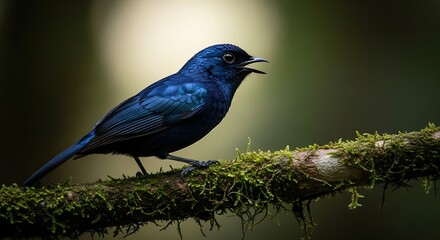 Obraz premium An exquisite deep blue avian species with vibrant plumage is captured mid-call or song, gracefully perched on a verdant moss-covered branch within the dense, tranquil habitat of a lush tropical forest