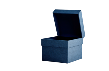Blue box, open lid, sits alone against a black backdrop