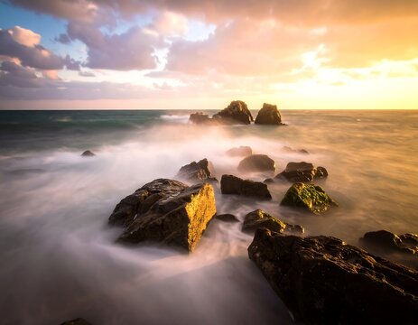 A scenic seascape with blurred waves washing over dark rocks under a dramatic sky during a sunset. The golden sunlight reflects - Powered by Adobe