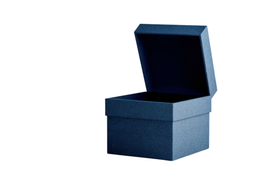Blue box, open lid, sits alone against a black backdrop
