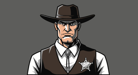 A stern-faced, stylized sheriff with hat, vest, badge, and bolo tie against gray