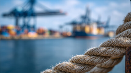 Fototapeta premium Close-up of thick rope knots hugging a corroded bollard, metallic texture highlighted, blurred background of industrial port cranes and water reflections