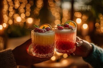 Two festive cocktails held in hands with glowing golden bokeh lights in the background, garnished with berries, mint, and orange slices, creating a warm holiday celebration mood