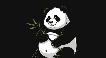 Cartoon panda holds bamboo, black and white design with green accents on black background