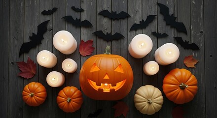 Halloween Still Life with Pumpkins, Candles, and Bats on Dark Wood.