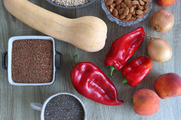 Collection of healthy fruits, vegetables and legumes on white background. Top view.